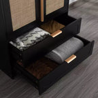 AEELLEEA 65 Black 2-Door Armoire Wardrobe with 2 Drawers: Rattan Accent & Magnetic Lock