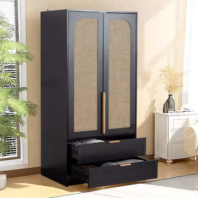 AEELLEEA 65 Black 2-Door Armoire Wardrobe with 2 Drawers: Rattan Accent & Magnetic Lock