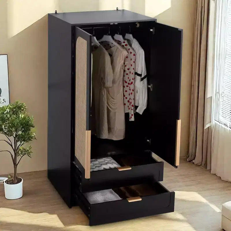 AEELLEEA 65 Black 2-Door Armoire Wardrobe with 2 Drawers: Rattan Accent & Magnetic Lock