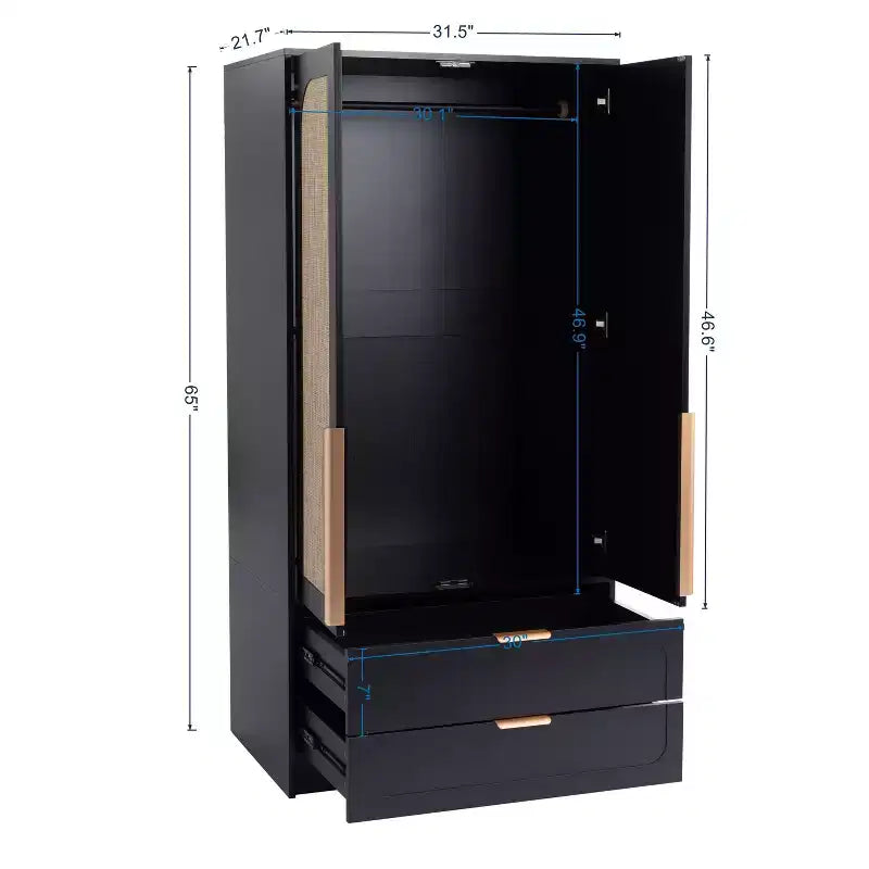 AEELLEEA 65 Black 2-Door Armoire Wardrobe with 2 Drawers: Rattan Accent & Magnetic Lock