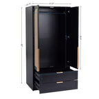 AEELLEEA 65 Black 2-Door Armoire Wardrobe with 2 Drawers: Rattan Accent & Magnetic Lock