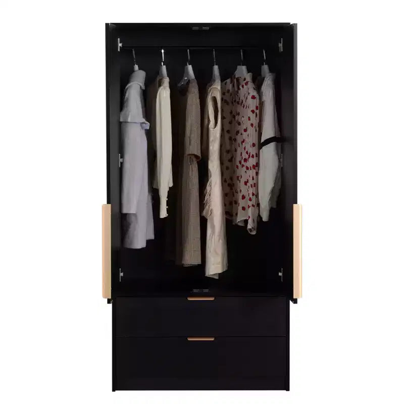 AEELLEEA 65 Black 2-Door Armoire Wardrobe with 2 Drawers: Rattan Accent & Magnetic Lock