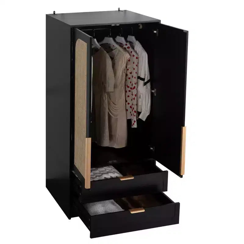 AEELLEEA 65 Black 2-Door Armoire Wardrobe with 2 Drawers: Rattan Accent & Magnetic Lock