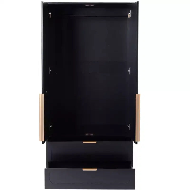 AEELLEEA 65 Black 2-Door Armoire Wardrobe with 2 Drawers: Rattan Accent & Magnetic Lock