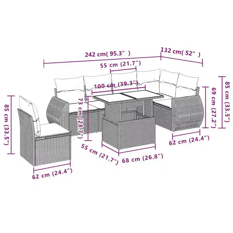 vidaXL 7 Piece Garden Sofa Set with Cushions Brown Poly Rattan