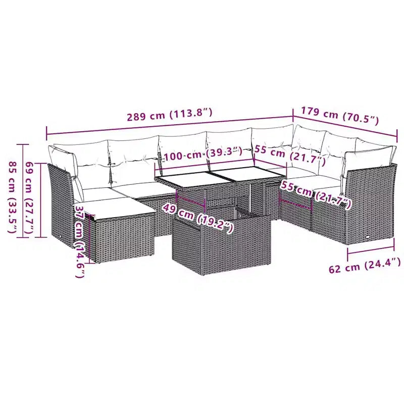 vidaXL Patio Sofa Set with Cushions Modular Outdoor Seating 9 Piece Poly Rattan