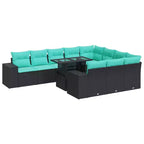 vidaXL 15 Piece Patio Sofa Set with Cushions Black Poly Rattan Acacia