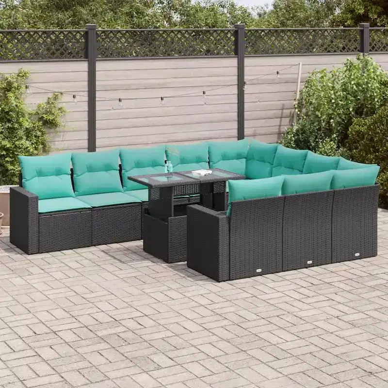 vidaXL 11 Piece Patio Sofa Set with Cushions Black Poly Rattan Acacia