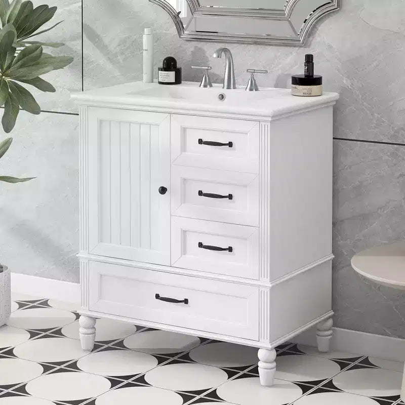 30 Small Bathroom Vanity Sink Combo with Storage , Wood Bathroom Floor Cabinet with Drawers and Door