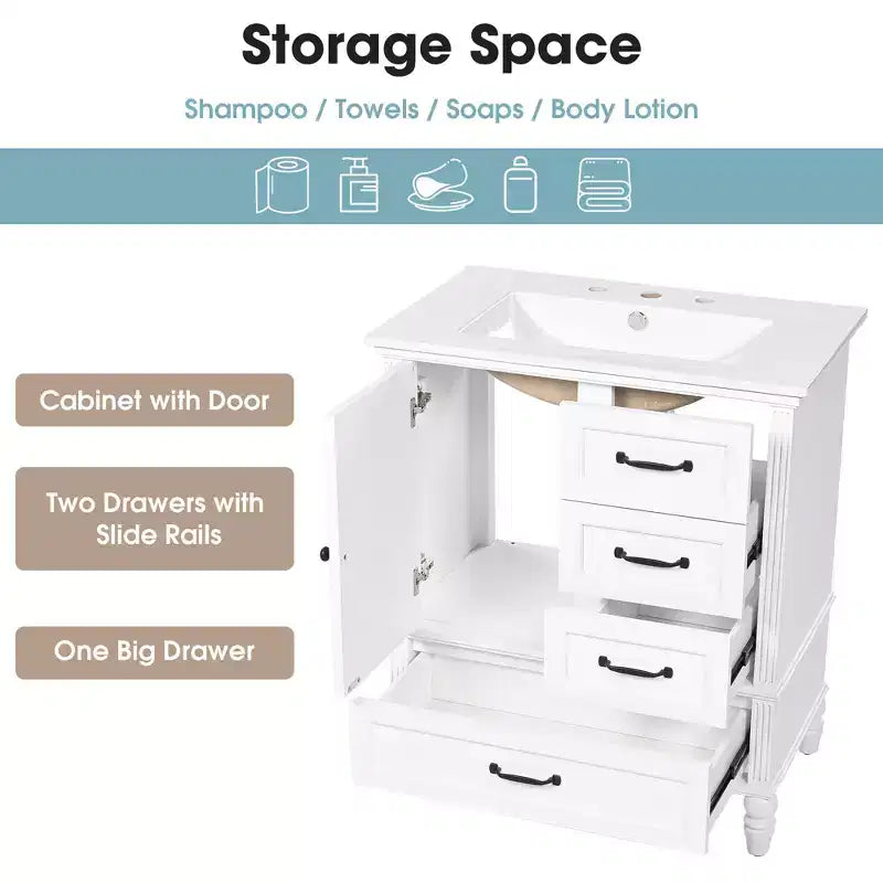 30 Small Bathroom Vanity Sink Combo with Storage , Wood Bathroom Floor Cabinet with Drawers and Door