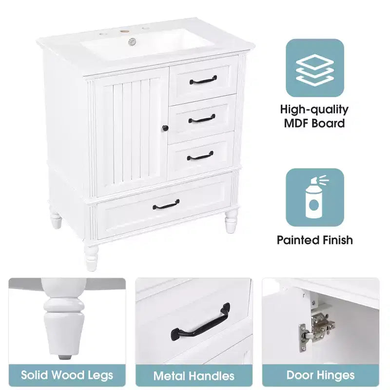 30 Small Bathroom Vanity Sink Combo with Storage , Wood Bathroom Floor Cabinet with Drawers and Door