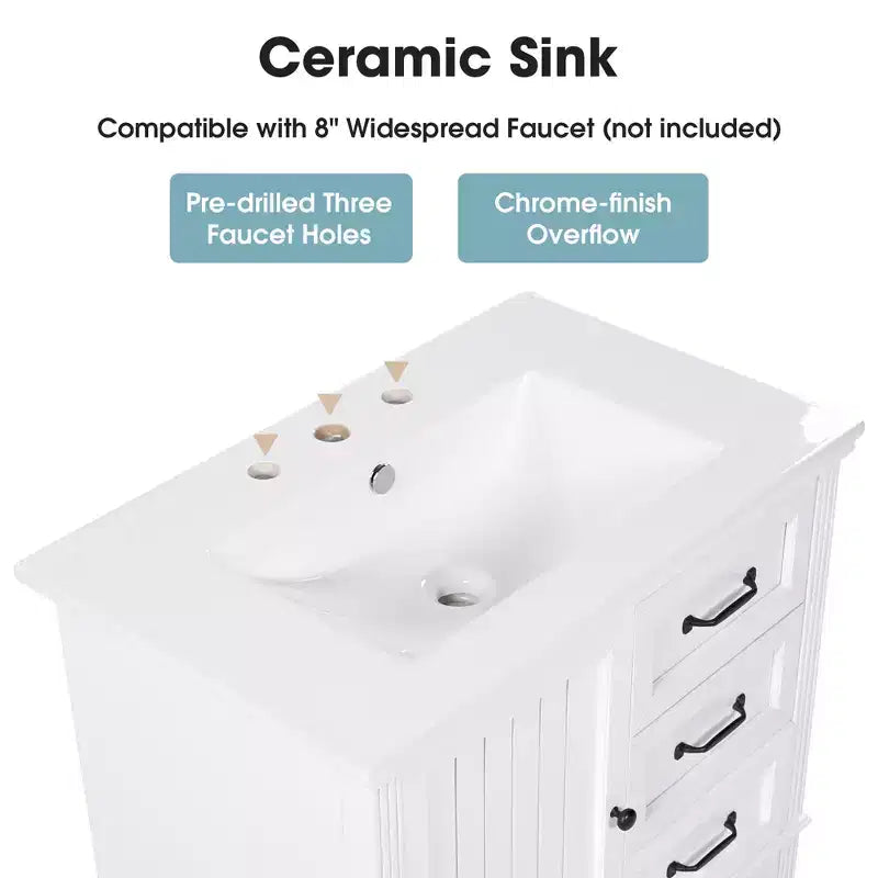 30 Small Bathroom Vanity Sink Combo with Storage , Wood Bathroom Floor Cabinet with Drawers and Door