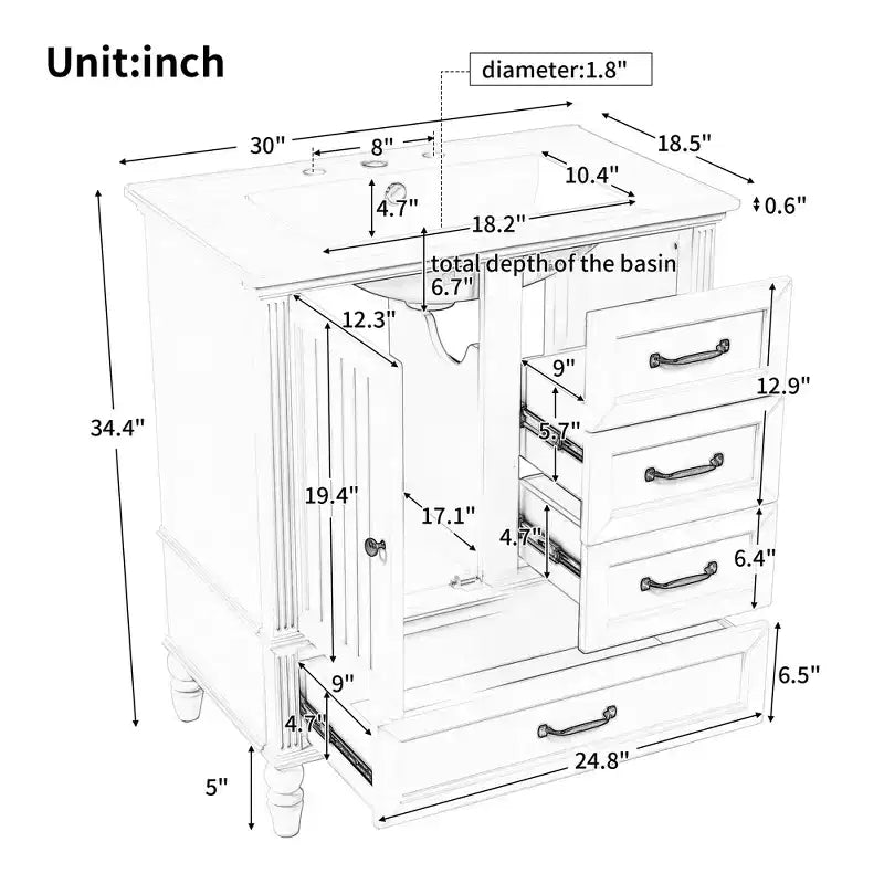 30 Small Bathroom Vanity Sink Combo with Storage , Wood Bathroom Floor Cabinet with Drawers and Door