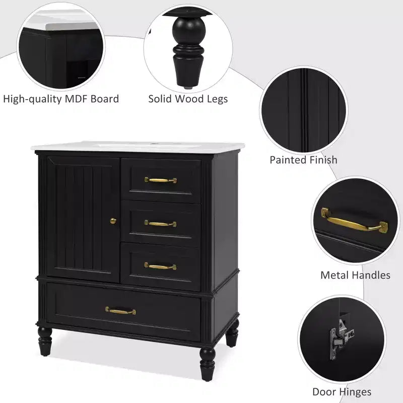 30 Small Bathroom Vanity Sink Combo with Storage , Wood Bathroom Floor Cabinet with Drawers and Door