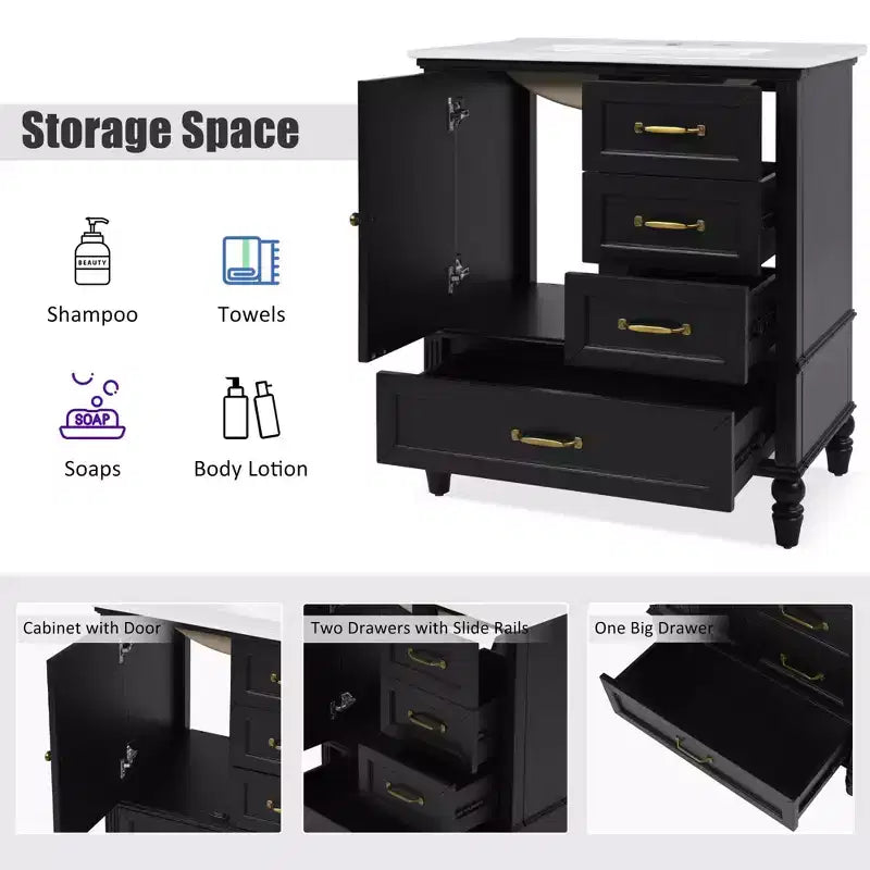 30 Small Bathroom Vanity Sink Combo with Storage , Wood Bathroom Floor Cabinet with Drawers and Door