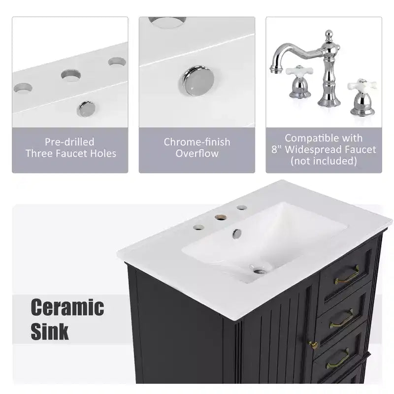 30 Small Bathroom Vanity Sink Combo with Storage , Wood Bathroom Floor Cabinet with Drawers and Door
