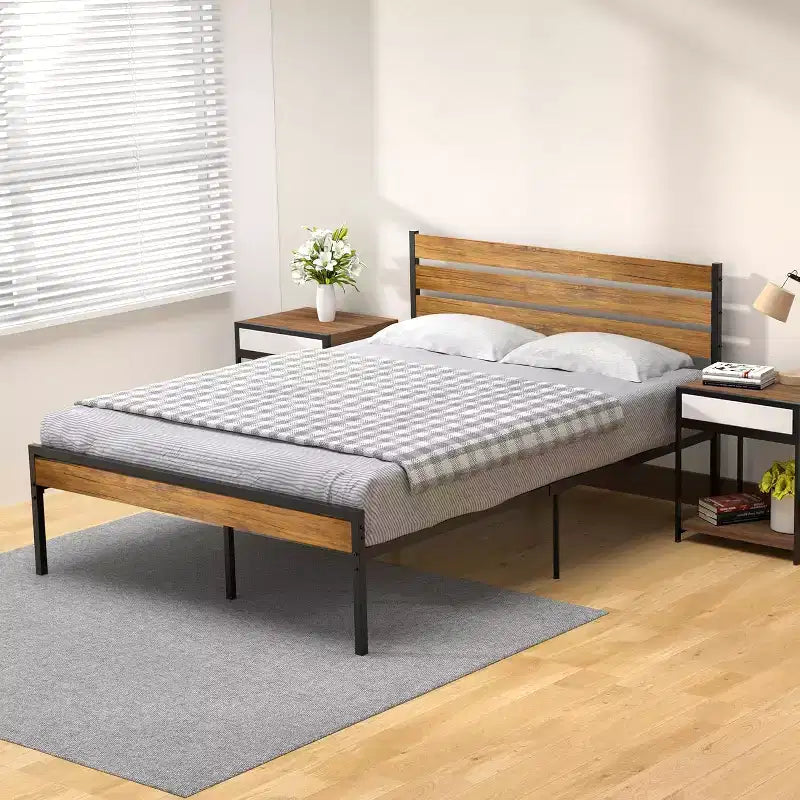 Rustic Farmhouse Metal Platform Bed Frame Full Size C Wooden Headboard & Footboard C Underbed Storage C Heavy Duty Wood Slats C Noise-Free