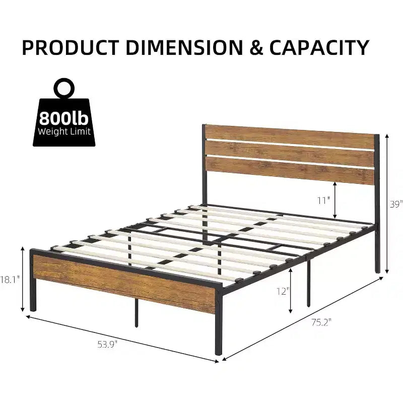 Rustic Farmhouse Metal Platform Bed Frame Full Size C Wooden Headboard & Footboard C Underbed Storage C Heavy Duty Wood Slats C Noise-Free