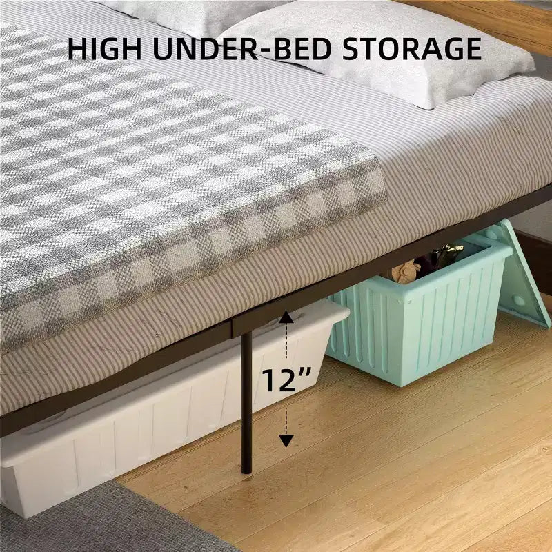 Rustic Farmhouse Metal Platform Bed Frame Full Size C Wooden Headboard & Footboard C Underbed Storage C Heavy Duty Wood Slats C Noise-Free