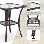 A three-piece outdoor table and chair set, featuring two-seater rattan seating, a rocking chair, and a square table. Suitable Brown