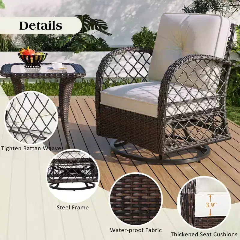 A three-piece outdoor table and chair set, featuring two-seater rattan seating, a rocking chair, and a square table. Suitable Brown