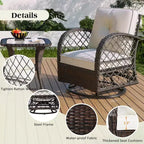 A three-piece outdoor table and chair set, featuring two-seater rattan seating, a rocking chair, and a square table. Suitable Brown