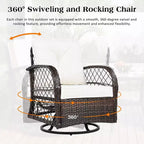 A three-piece outdoor table and chair set, featuring two-seater rattan seating, a rocking chair, and a square table. Suitable Brown