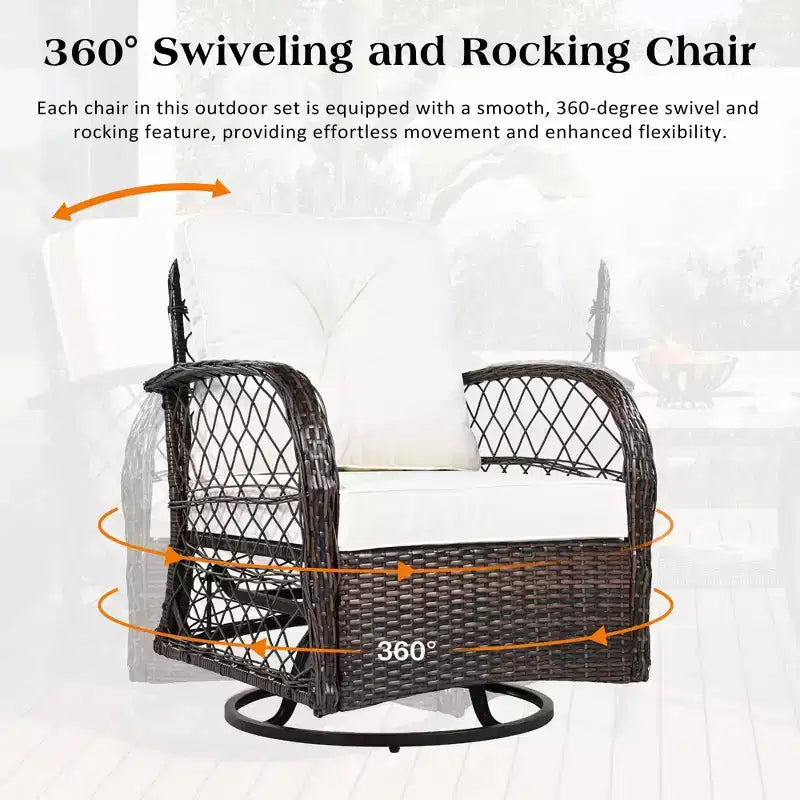 A three-piece outdoor table and chair set, featuring two-seater rattan seating, a rocking chair, and a square table. Suitable Brown