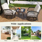 A three-piece outdoor table and chair set, featuring two-seater rattan seating, a rocking chair, and a square table. Suitable Brown