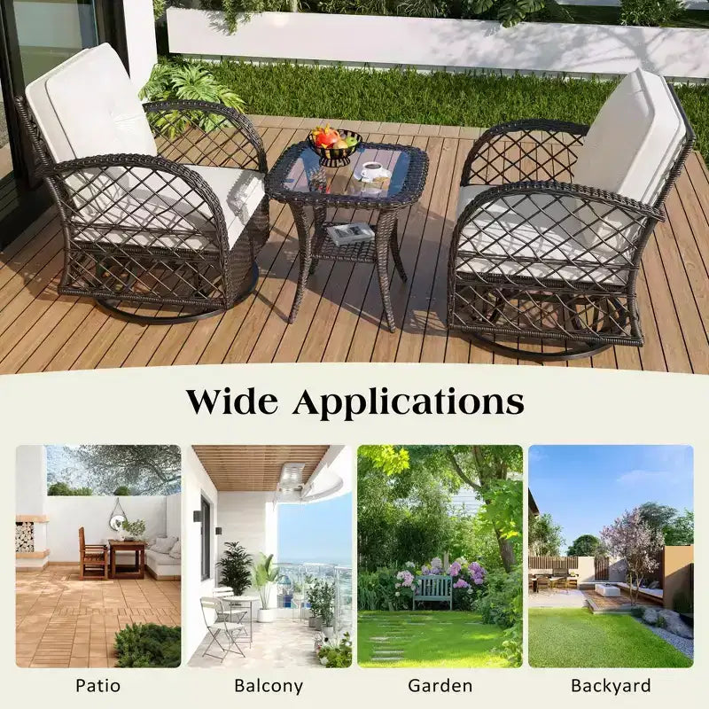 A three-piece outdoor table and chair set, featuring two-seater rattan seating, a rocking chair, and a square table. Suitable Brown
