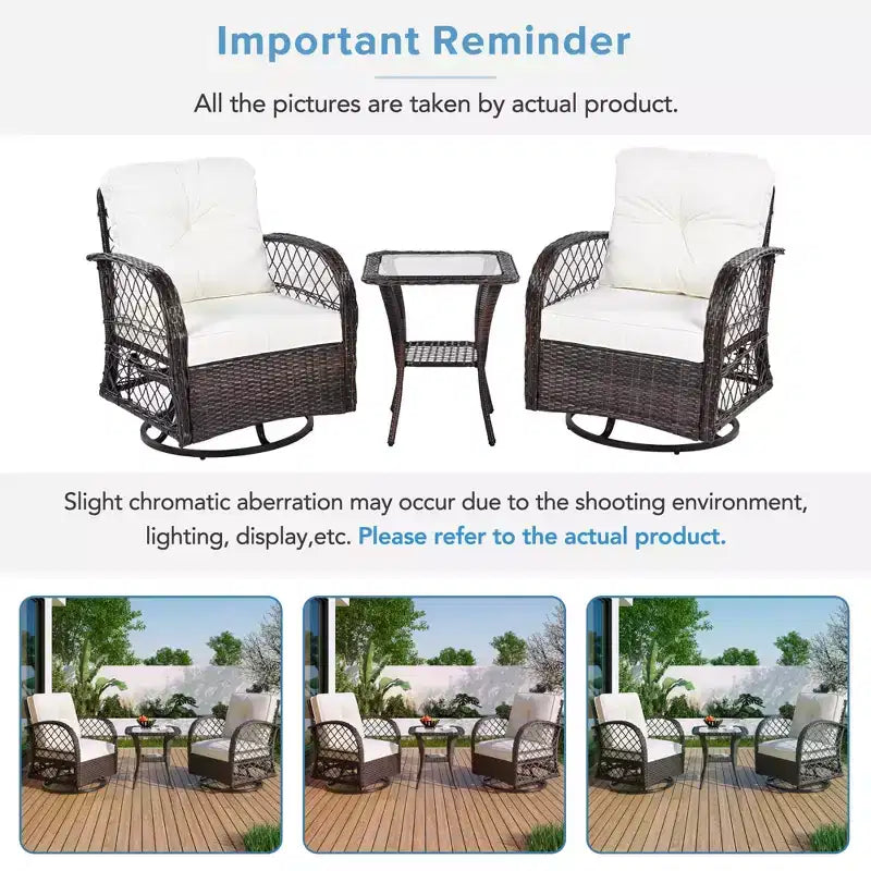 A three-piece outdoor table and chair set, featuring two-seater rattan seating, a rocking chair, and a square table. Suitable Brown