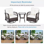 A three-piece outdoor table and chair set, featuring two-seater rattan seating, a rocking chair, and a square table. Suitable Brown