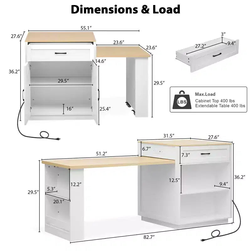 Îlot de cuisine de 210 cm avec table à manger extensible pour 4-6 personnes, plateau en faux marbre avec rangement double, prise de courant et 2 tiroirs
