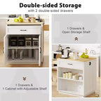 Îlot de cuisine de 210 cm avec table à manger extensible pour 4-6 personnes, plateau en faux marbre avec rangement double, prise de courant et 2 tiroirs
