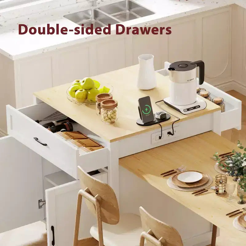 Îlot de cuisine de 210 cm avec table à manger extensible pour 4-6 personnes, plateau en faux marbre avec rangement double, prise de courant et 2 tiroirs
