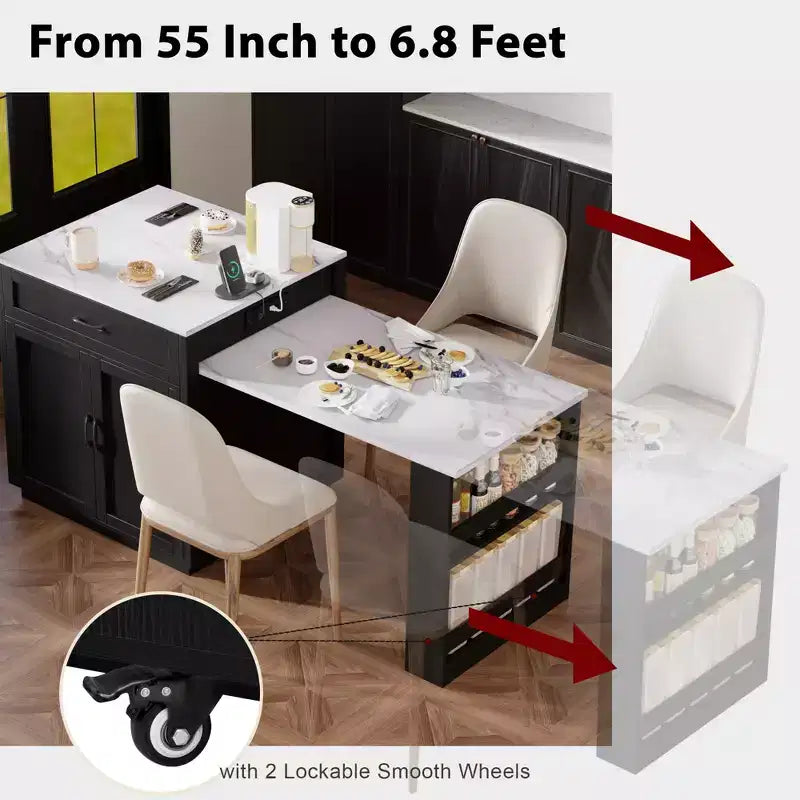Îlot de cuisine de 210 cm avec table à manger extensible pour 4-6 personnes, plateau en faux marbre avec rangement double, prise de courant et 2 tiroirs