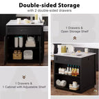 Îlot de cuisine de 210 cm avec table à manger extensible pour 4-6 personnes, plateau en faux marbre avec rangement double, prise de courant et 2 tiroirs