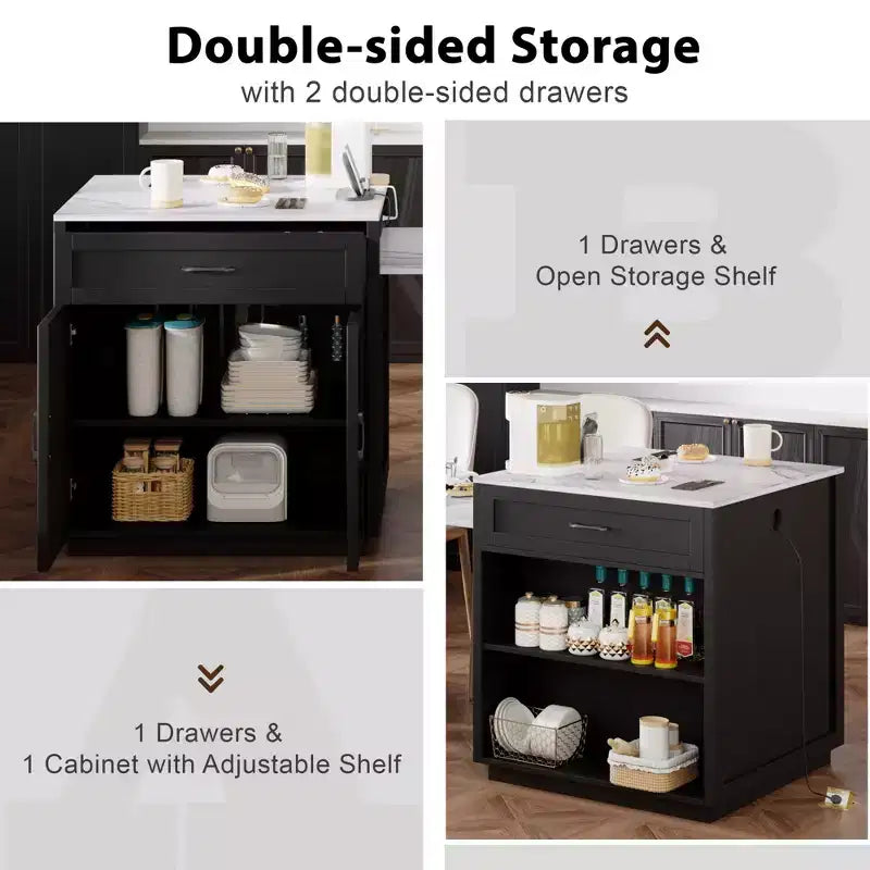 Îlot de cuisine de 210 cm avec table à manger extensible pour 4-6 personnes, plateau en faux marbre avec rangement double, prise de courant et 2 tiroirs