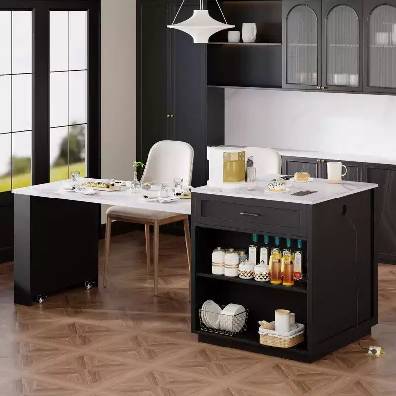 Îlot de cuisine de 210 cm avec table à manger extensible pour 4-6 personnes, plateau en faux marbre avec rangement double, prise de courant et 2 tiroirs