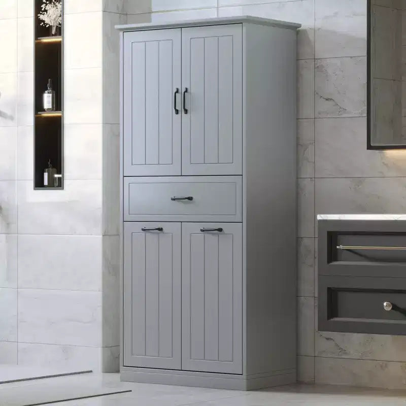 Meuble de rangement de salle de bain avec 2 paniers à linge, armoire haute anti-basculement à double porte basculante avec 2 portes et 1 tiroir pour linge sale caché