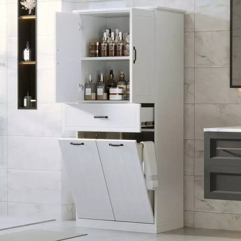 Meuble de rangement de salle de bain avec 2 paniers à linge, armoire haute anti-basculement à double porte basculante avec 2 portes et 1 tiroir pour linge sale caché