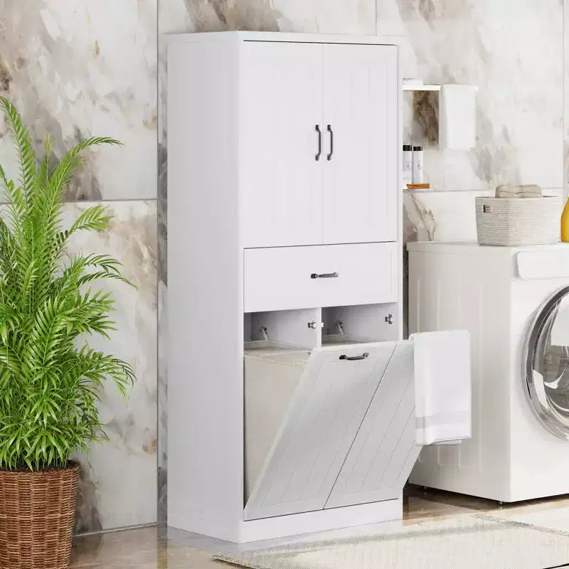 Meuble de rangement de salle de bain avec 2 paniers à linge, armoire haute anti-basculement à double porte basculante avec 2 portes et 1 tiroir pour linge sale caché