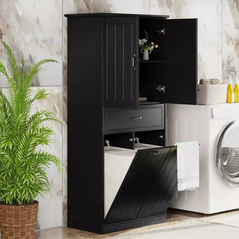 Meuble de rangement de salle de bain avec 2 paniers à linge, armoire haute anti-basculement à double porte basculante avec 2 portes et 1 tiroir pour linge sale caché