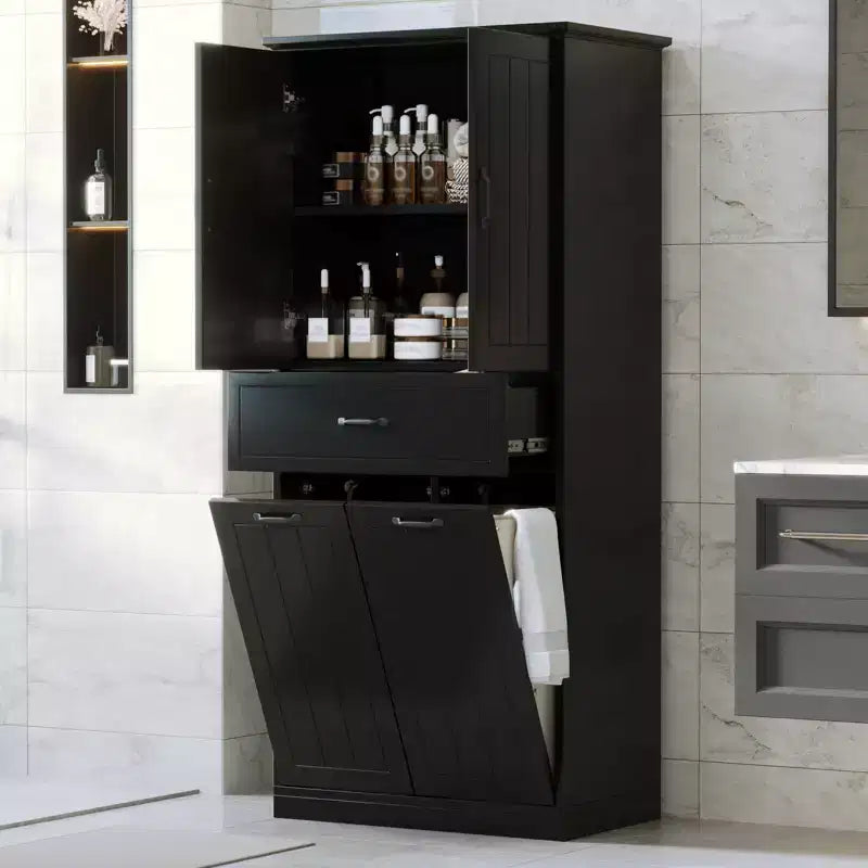 Meuble de rangement de salle de bain avec 2 paniers à linge, armoire haute anti-basculement à double porte basculante avec 2 portes et 1 tiroir pour linge sale caché