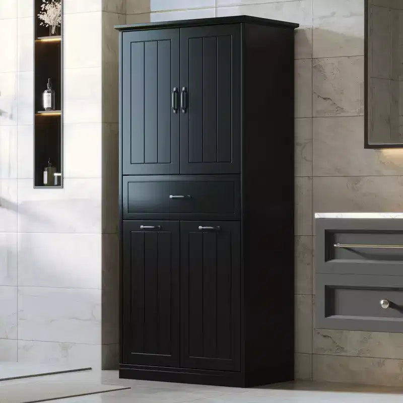 Meuble de rangement de salle de bain avec 2 paniers à linge, armoire haute anti-basculement à double porte basculante avec 2 portes et 1 tiroir pour linge sale caché