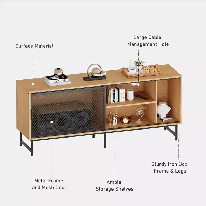 Meuble TV industriel avec portes coulissantes en maille métallique, buffet de salon moderne en bois avec pieds en métal, passe-câbles, grand espace de rangement