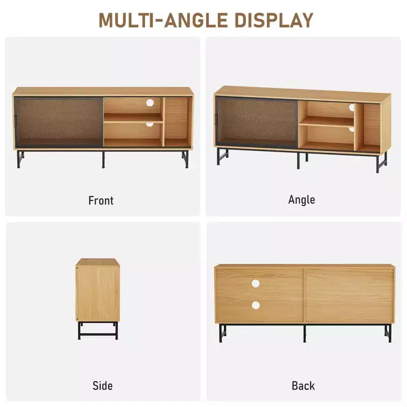 Meuble TV industriel avec portes coulissantes en maille métallique, buffet de salon moderne en bois avec pieds en métal, passe-câbles, grand espace de rangement