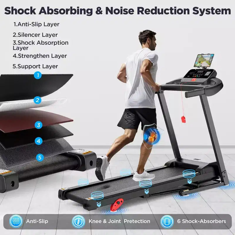 Tapis de course pliable 3 CV, inclinaison de 3 %, synchronisation avec application Bluetooth, podomètre, ceinture large, moniteur de fréquence cardiaque