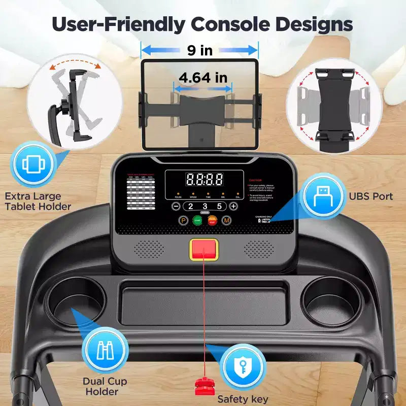 Tapis de course pliable 3 CV, inclinaison de 3 %, synchronisation avec application Bluetooth, podomètre, ceinture large, moniteur de fréquence cardiaque