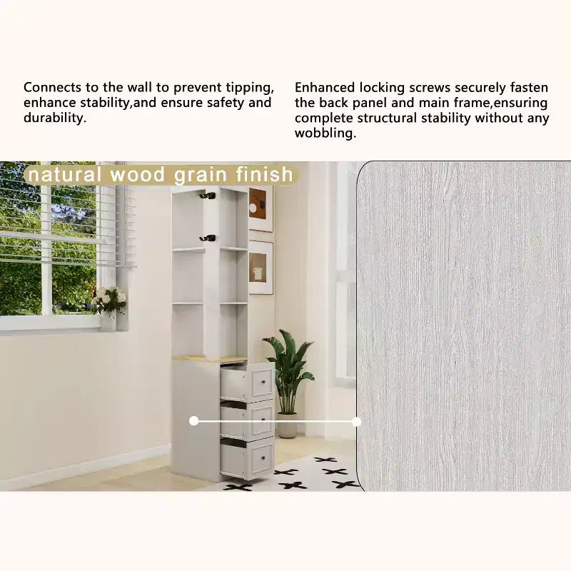 Meuble de rangement haut et étroit de 73 po, meuble de rangement multimédia à 3 niveaux avec 3 tiroirs et 2 crochets, étagères de rangement, cube CD, DVD, console de jeux